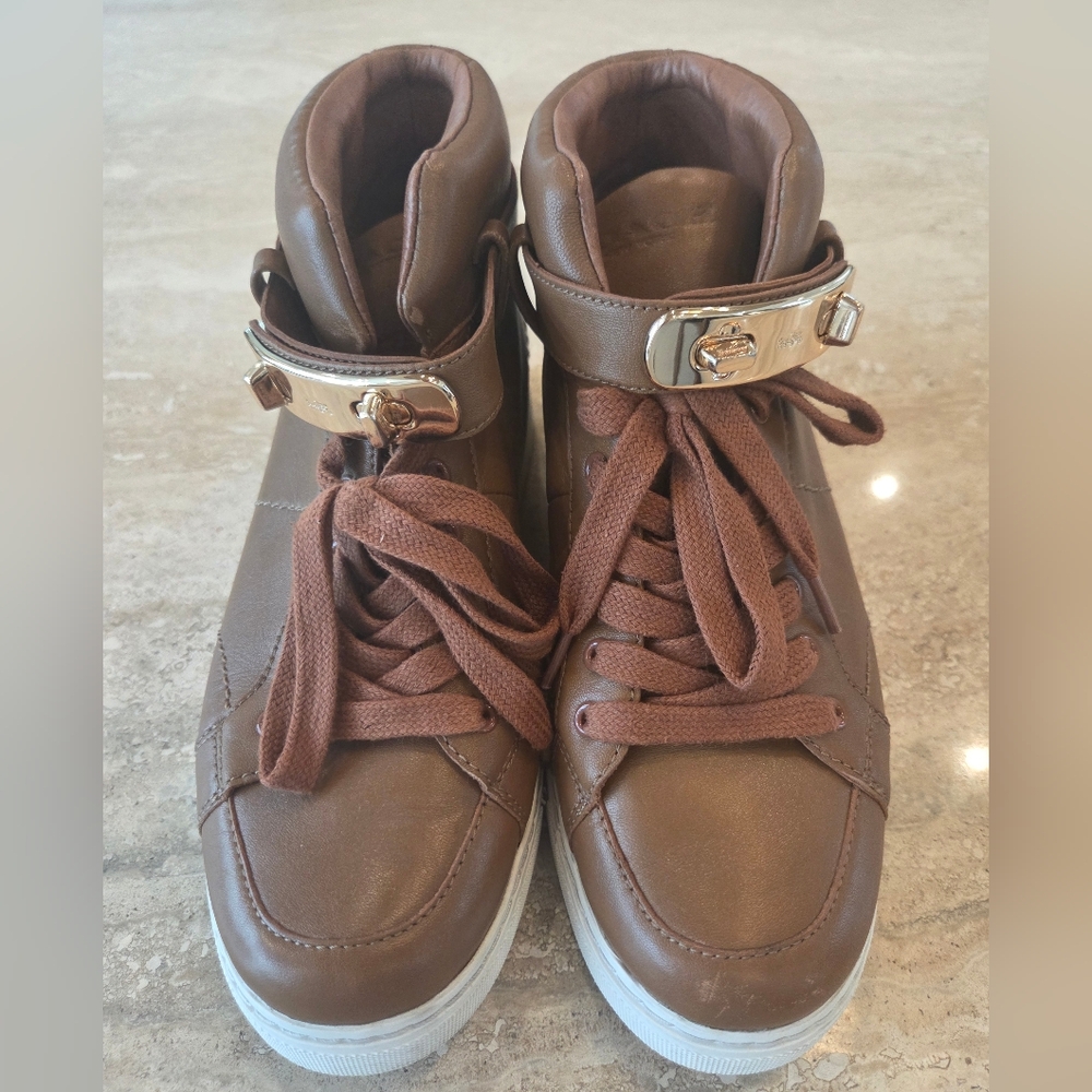 Coach Richmond High-Top Sneakers Size 6.5B Brown Leather Gold Turnlock